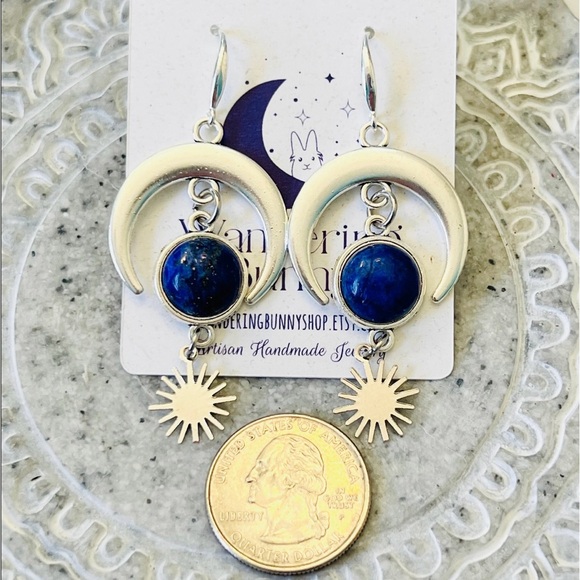 Lapis Lazuli Celestial Earrings - Handmade by Wandering Bunny LLC - Picture 3 of 7